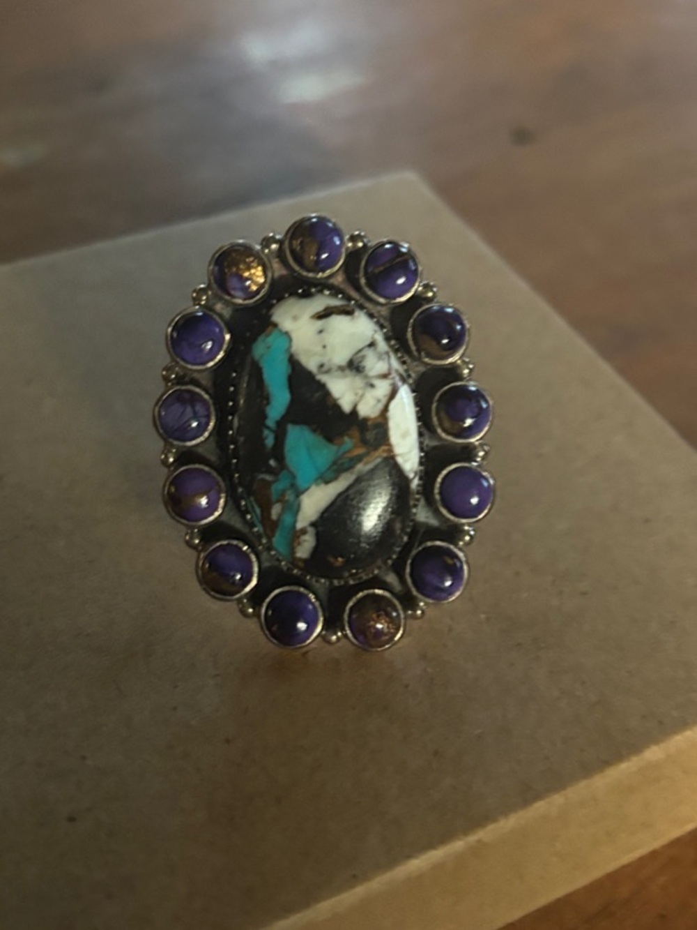 Sterling Silver Golden Hills Turquoise and Purple Spiny oyster Adjustable Ring